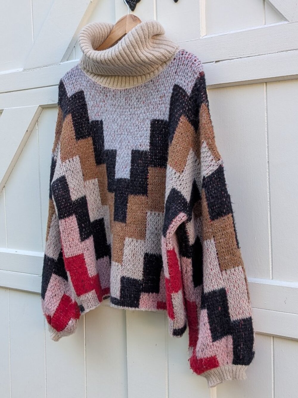 Fate Brown Pink Red Geometric Colorblock Chunky Turtleneck Sweater M